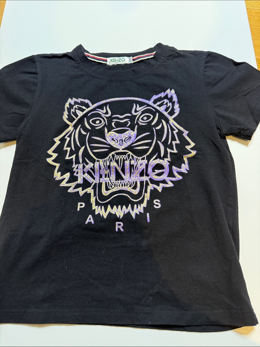 Kenzo Black Tee with Iridescent Purple Tiger Graphic